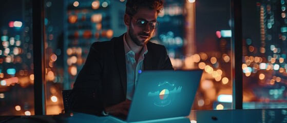 Poster - The portrait is of a successful handsome businessman working late at night on a laptop computer in a big city office. He is checking line and pie graphs from a project management report.