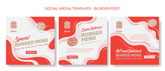 Wall Mural - Set of social media post template in red and white liquid waving background for food advertising