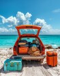 Suitcases and bags in trunk of car ready to depart for holidays. Moving boxes and suitcases in trunk of car, outdoors. trip, travel, sea. car on the beach with sea on background