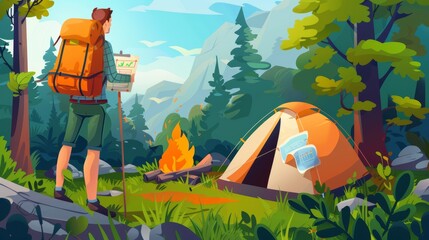 Wall Mural - Tourist with map and backpack in forest with tents, bonfires and maps. Modern cartoon illustration of woods with trees, campsite, and tourist.