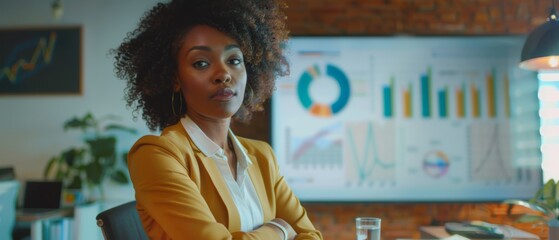 Poster - An Operations Director holds a Sales Meeting for employees and executives. A creative black female uses a TV screen to present growth analysis, charts, and ad revenue.