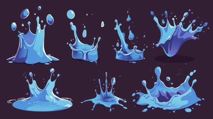 Poster - Cartoon blue crown splatter stream with drops, fx storyboard Modern illustration depicting liquid aqua splashing.