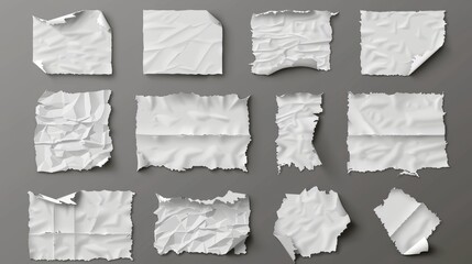 Poster - An old torn paper sheet isolated on a gray background. White ripped and crumpled notes and scraps. Blank paper pages pieces, modern realistic illustration.