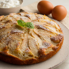 Canvas Print - Sponge cake with pear and yogurt. Delicious traditional Italian recipe.