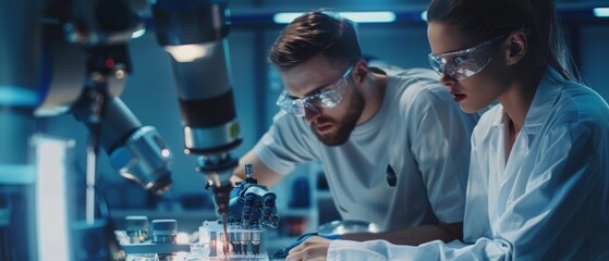 Poster - The product supervisor consults with the young engineer who is working on the optimization of the robot arm. People are working on robotic hand maintenance ideas. High-tech engineering concept.
