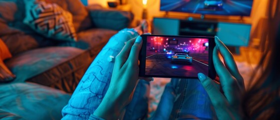 Wall Mural - This image shows a woman playing an interactive racing device game at home. She is lying on a sofa in her living room, watching the screen on her smartphone. A close-up picture is taken from her
