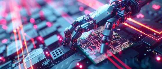 Poster - The image of a futuristic animation concept shows high-tech robotic arm holding a contemporary supercomputer processor moving into focus. The CPU microchip digitizes and sends data over power lines