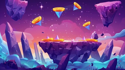 Wall Mural - The design of the Gui background is based on an arcade game theme where platforms float in outer space flying towards land islands with bonus coins and crystals on their surface.