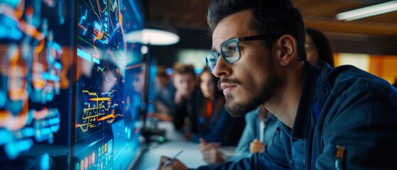 Poster - students learn about computer motherboard components from a male teacher using an interactive whiteb