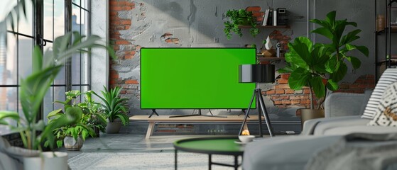 Poster - Apartment Interior with TV Set with Green Screen Mock Up Display Standing on TV Stand. Empty Cozy Living Room of Spacious Flat with Chromatic Key Placeholder.
