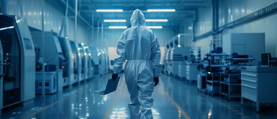 Poster - Manufacturing factory: Scientist in sterile coverall examining industrial CNC machines settings and configuring production functionality.
