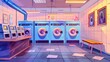 An interior design of a public laundromat with a row of machines, detergent powder boxes, a cash register, empty racks and benches. Cleaning services are provided.