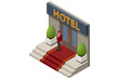 Isometric doorman standing in front of hotel entrance doors. Online hotel booking concept. People booking hotel and search reservation for holiday. Smartphone maps gps location