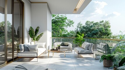 modern minimalist balcony interior with white gold and green accents super realistic 3d illustration