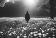 © JBN - Silhouette de Jeune femme de dos marchant dans un pré, concept solitude