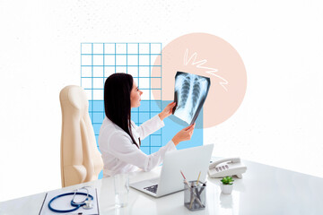 Canvas Print - Composite photo collage of doc girl examine x ray scan lungs diagnosis pneumonia covid workplace table laptop isolated on painted background