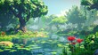 The swamp in jungle forest cartoon modern game background is a tropical scene with a water lake. A tree in a bog and lianas on a sunny summer day are included in this illustration.