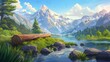 Water nature landscape with log in mountain lake. Sunny valley in the alps with peaceful river shore scene. Sunny alpine valley to travel. Calm river shore scene on horizontal wallpaper.