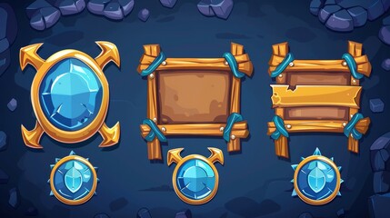 Poster - animation of blue buttons for game interface cartoon set. gold hover banner design isolated on dark 
