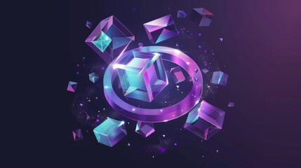 Wall Mural - Three-dimensional geometric figures isolated on transparent background. Modern illustration of abstract square and glossy ring with holographic gradient. Futuristic design element with iridescent