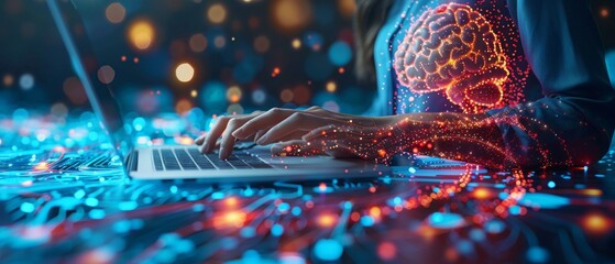 Poster - An illustration of an online education and e-learning concept. A woman is using her laptop while writing notes for a webinar. This represents online education, education on the internet, and digital