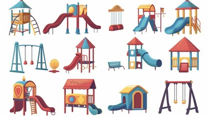 Wall Mural - Playground recreation cartoon modern set isolated on white background. Child slide, sport game and spring swing activity for outdoor leisure. Kindergarten playtime activities.