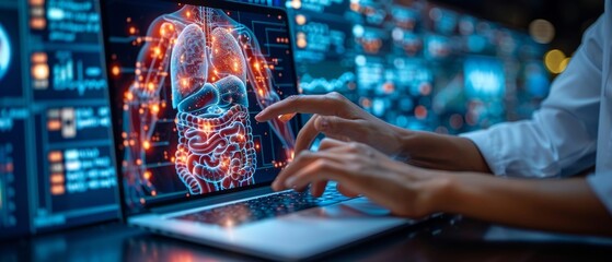 Poster - With icon concept, a person is using a laptop and smartphone to analyze and research financial investment charts, do stock market research, and plan for long-term growth.