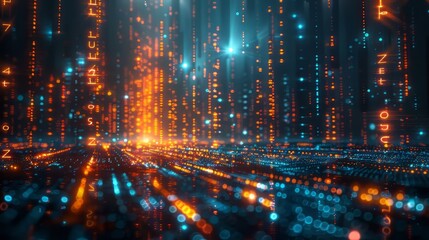 Poster - A computer generated image of a cityscape with glowing numbers and letters