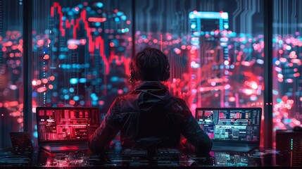 Aufkleber - A man is sitting in front of two computer monitors