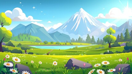 Wall Mural - Nature illustration of a spring mountain with a greenfield background. Cartoon illustration of a summer hill with a lake, a cloud, and flowers. Country valley with farms and pastures near the river.