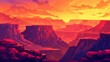 The Grand Canyon park desert at sunset cartoon modern illustration. Western mountain cliff and amazing sky background. Amazing Utah or Colorado ground terrain for an unforgettable wild travel