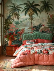 Wall Mural - Tropical Themed Bedroom with Vintage Wallpaper and Luxurious Bedding