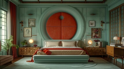 Wall Mural - Stylish Vintage Bedroom Interior with Round Window