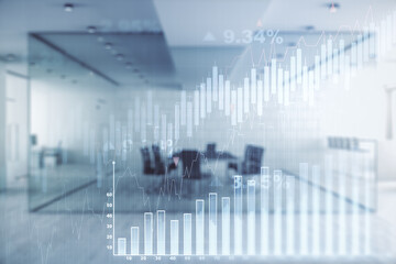Poster - Double exposure of virtual creative financial diagram on a modern furnished office interior background, banking and accounting concept