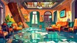 The interior of an abandoned dirty hotel lobby room seen from a cartoon. Tourism business messy hall with broken furniture and spider webs on the stairs. The interior of a mess lounge with a