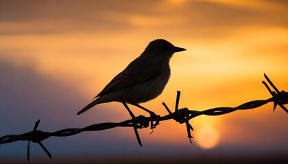 Wall Mural -  Silhouette of Small Bird Perched on Barbed Wire at Sunset 