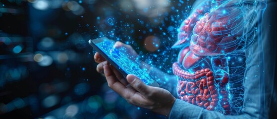 Poster - The businessman is using his smartphone to study e-learning online education training for professional and personal development. Through e-learning, we learn new skills and develop ourselves.