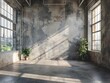 Sunlit Concrete Relic:Abandoned Industrial Room with Aged Architectural Elements