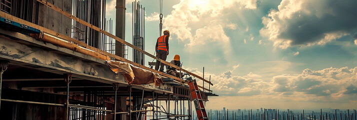 construction crew working on a high-rise building suspended in the air. Generative ai