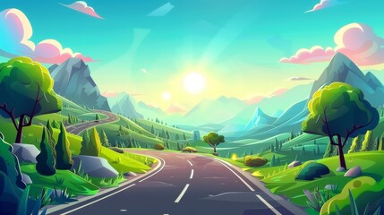 Poster - Car traffic cartoon nature landscape. Horizontal view of the summer highway trip with green summer high alpine scenery. Bright sunny outdoors drive holiday journey.