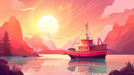 Wall Mural - Cartoon illustration of retro trawler boat floating on river water, beautiful natural landscape, sun shining through pink dawn with a mountain lake and sunset sky background.