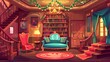 Victorian style living room with elegant couch and armchair, wooden bookshelf, vase on table, garland lights on ceiling, staircase. Modern cartoon illustration.