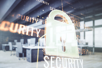 Poster - Virtual creative lock symbol and microcircuit illustration on a modern furnished office background. Protection and firewall concept. Multiexposure