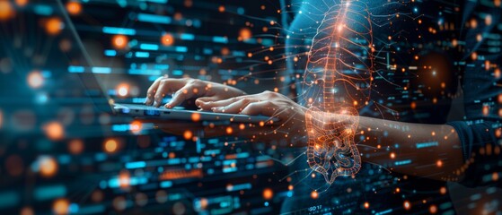 Poster - In addition to analyzing sustainable company growth with digital virtual graphics to increase revenue assets and profit, the businessman uses financial data to plan for long-term investments through