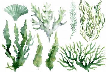 Wall Mural - Watercolor sea coral and seaweed clipart. Hand drawn watercolor sea themed elements. Illustration isolated on white background