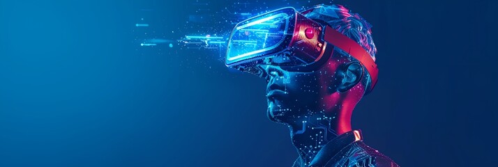 Poster - Man wearing virtual reality headset, with holographic elements around
