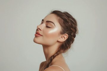 Close-up of a young woman with eyes closed and a peaceful expression, showcasing a natural makeup look on a neutral background.

