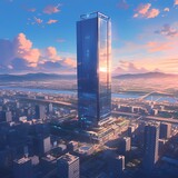Fototapeta  - Awe-Inspiring Tall Skyscraper Building in a Futuristic Urban Metropolis