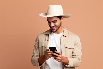 Wall Mural - A cheerful young man in a beige trench coat and white fedora smiles as he looks at his phone, enjoying a moment of connection in a warm, monochrome setting.