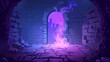 A portal door in an abandoned magic castle fantasy game background. A spooky medieval palace room with a steam doorway entrance framed by a broken floor.